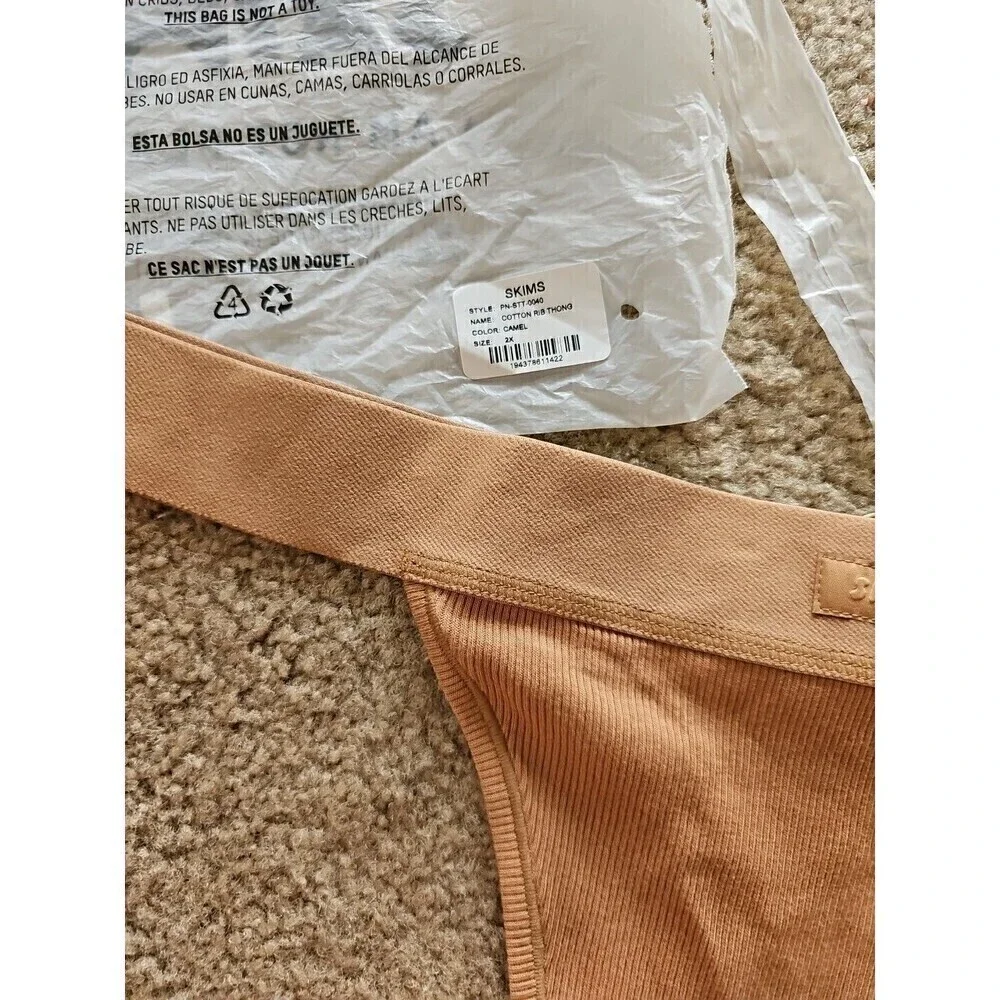 SKIMS Cotton Ribbed Thong Camel Size 2XL